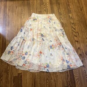 Ralph Lauren Maxi Tiered Skirt White Pastel Floral Chiffon Size 6 , RT=$145